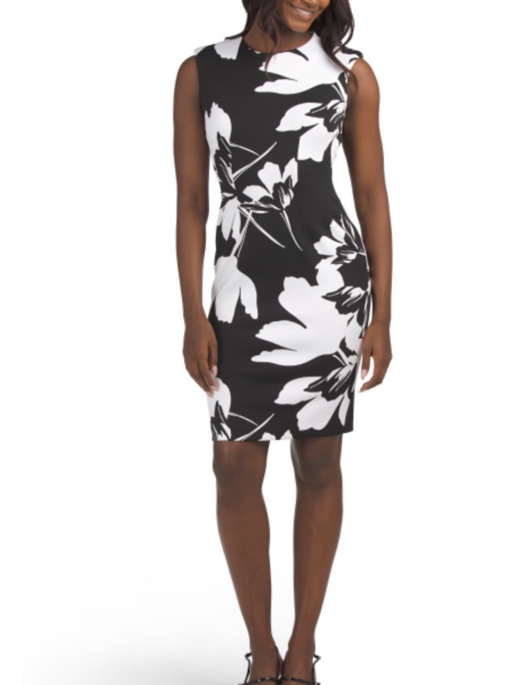 Calvin Klein Sleeveless Black & White Floral Sheath Dress